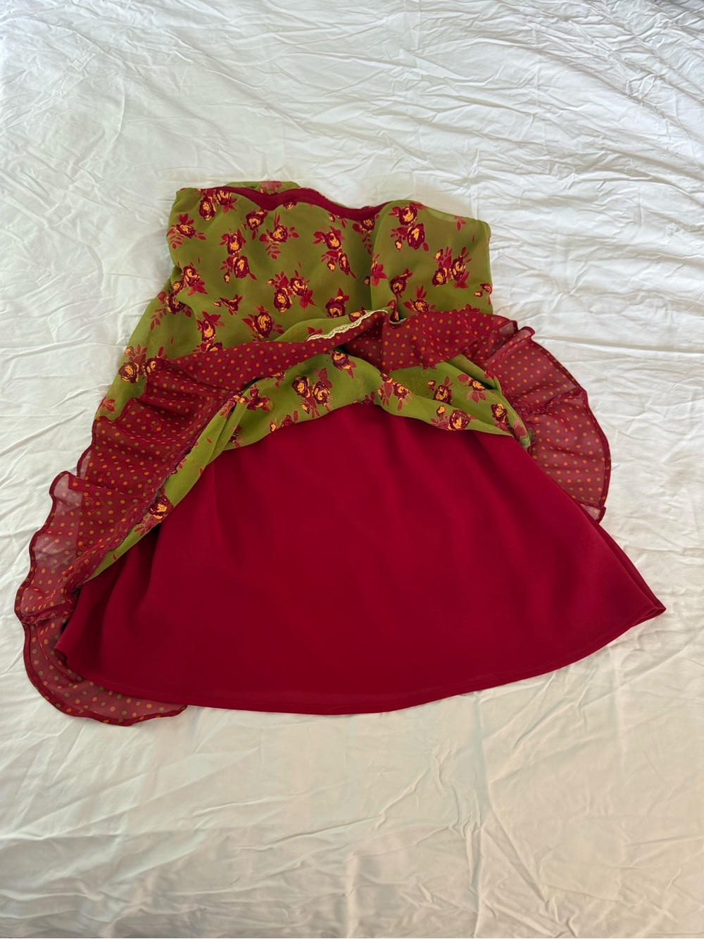 Anthropologie Olive Green Floral A-Line Skirt with Red-Burgundy Ruffle - Picture 2 of 8